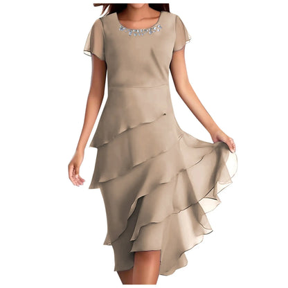 Plus Size Short Sleeve Round Neck Chiffon Paneled Dresses