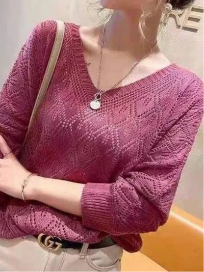 V-neck Crochet Hollow Knit Loose Bat Long Sleeve Sweater