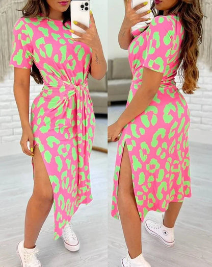 White Leopard Print Dress Tied Detail Slit Side Split Dress