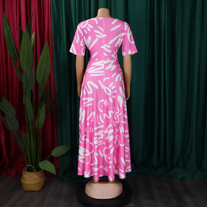 Printed Belted Dress Elegant  Knee-Length Round Neck Short Sleeve Dress