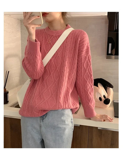 Plus Size Elegant Style Knit  Loose Fit Slimming Long Sleeve Sweater