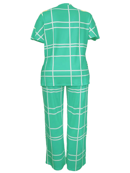 Spring Autumn New Women's Fashion Elements Striped Grid Printed Casual Round Neck Large Comfortable Two Piece Set - Trendy Attic Store01