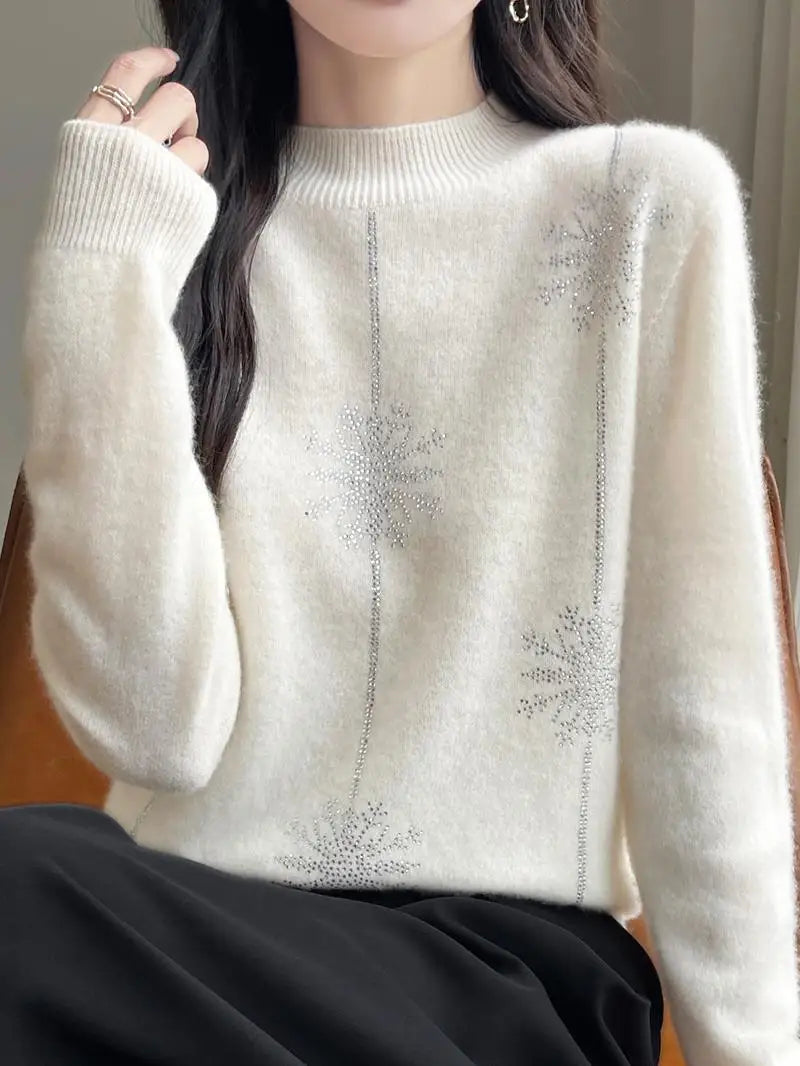 Snowflake Mock Neck Long Sleeve Knitted Looser Pullovers