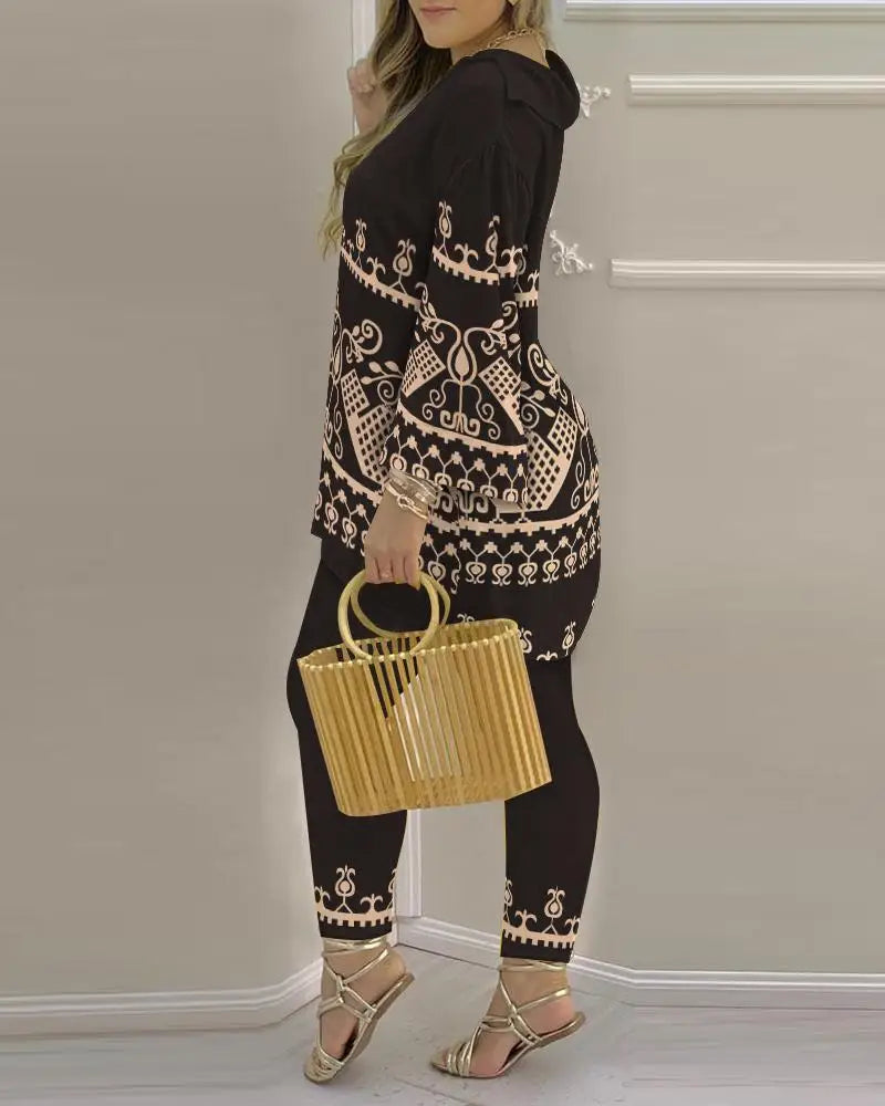 2024 Suit Summer Long Sleeve V-neck Polyester Printing Two Pieces Sets Top and Long Pant Clothes Women - Trendy Attic Store01