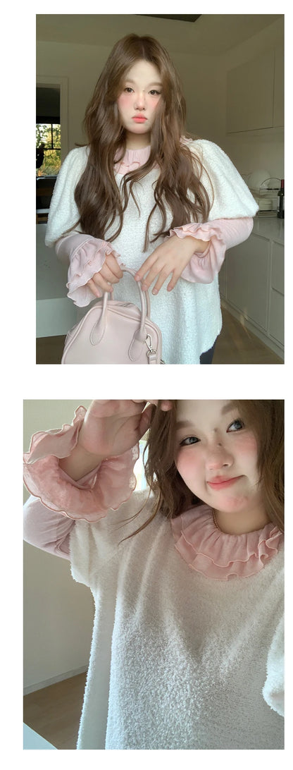 Solid Color Long Sleeve Sweet Double Layer Ruffles Crew Neck Knitted Sweater