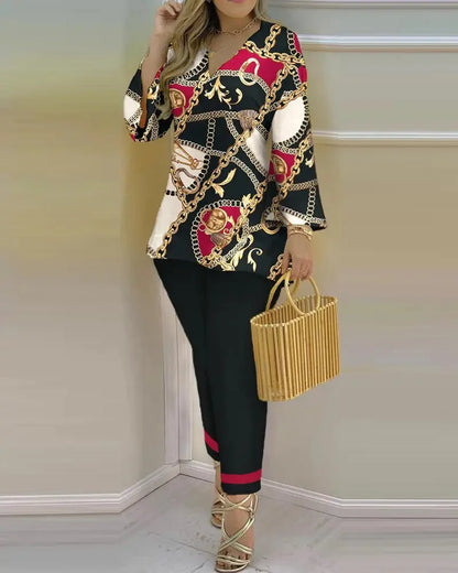 Long Sleeve V-neck Polyester Printing Two Pieces Sets