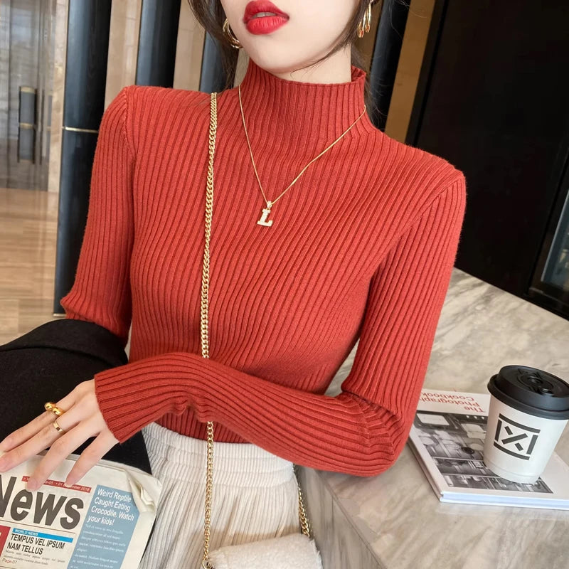 Pullover Long Sleeve Mock Neck Knitted Women Sweater