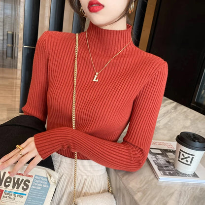 Pullover Long Sleeve Mock Neck Knitted Women Sweater