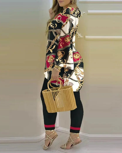 2024 Suit Summer Long Sleeve V-neck Polyester Printing Two Pieces Sets Top and Long Pant Clothes Women - Trendy Attic Store01