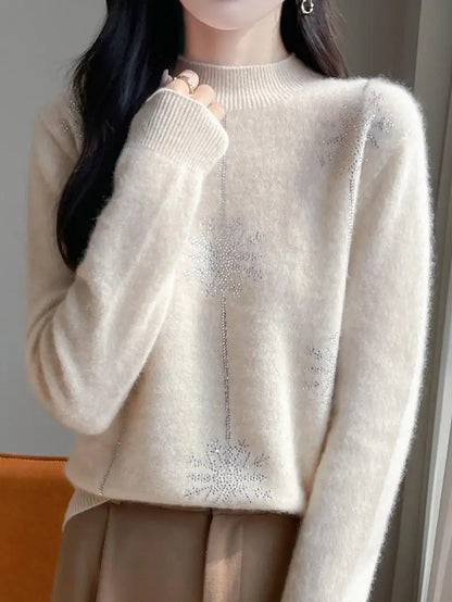 Snowflake Mock Neck Long Sleeve Knitted Looser Pullovers