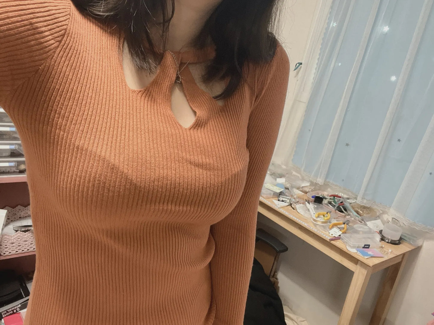 O-neck Stretch Sexy Pullover  Hollow Solid Color Sweater