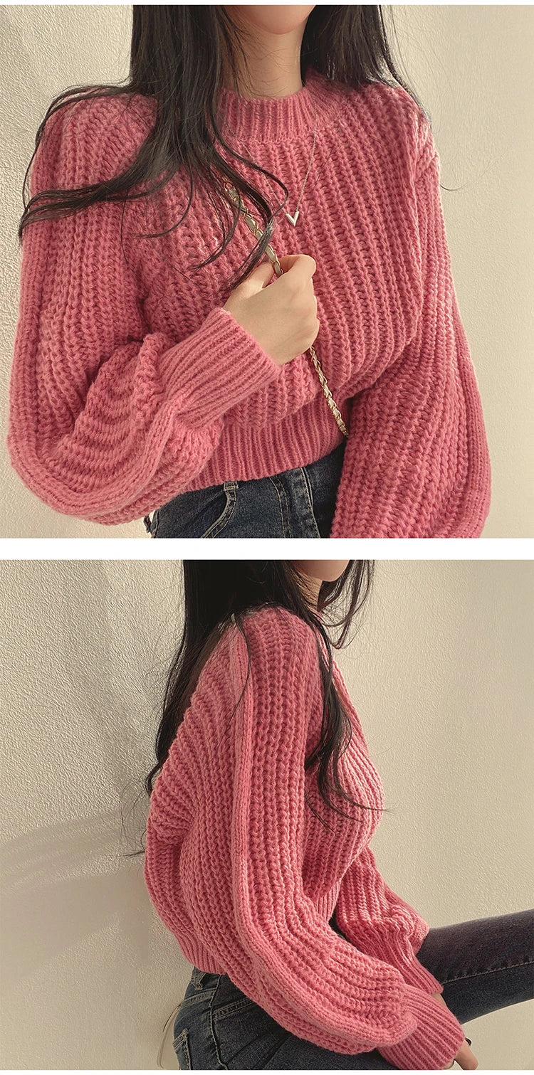 Knitwear Soft Warm Loose Vintage Lantern Long Sleeve Women Sweater