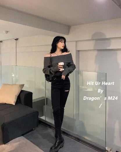New Arriva Sexy Off-Shoulder Knit Thickened Soft Sweater Women