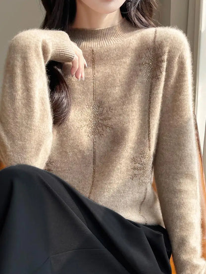 Snowflake Mock Neck Long Sleeve Knitted Looser Pullovers