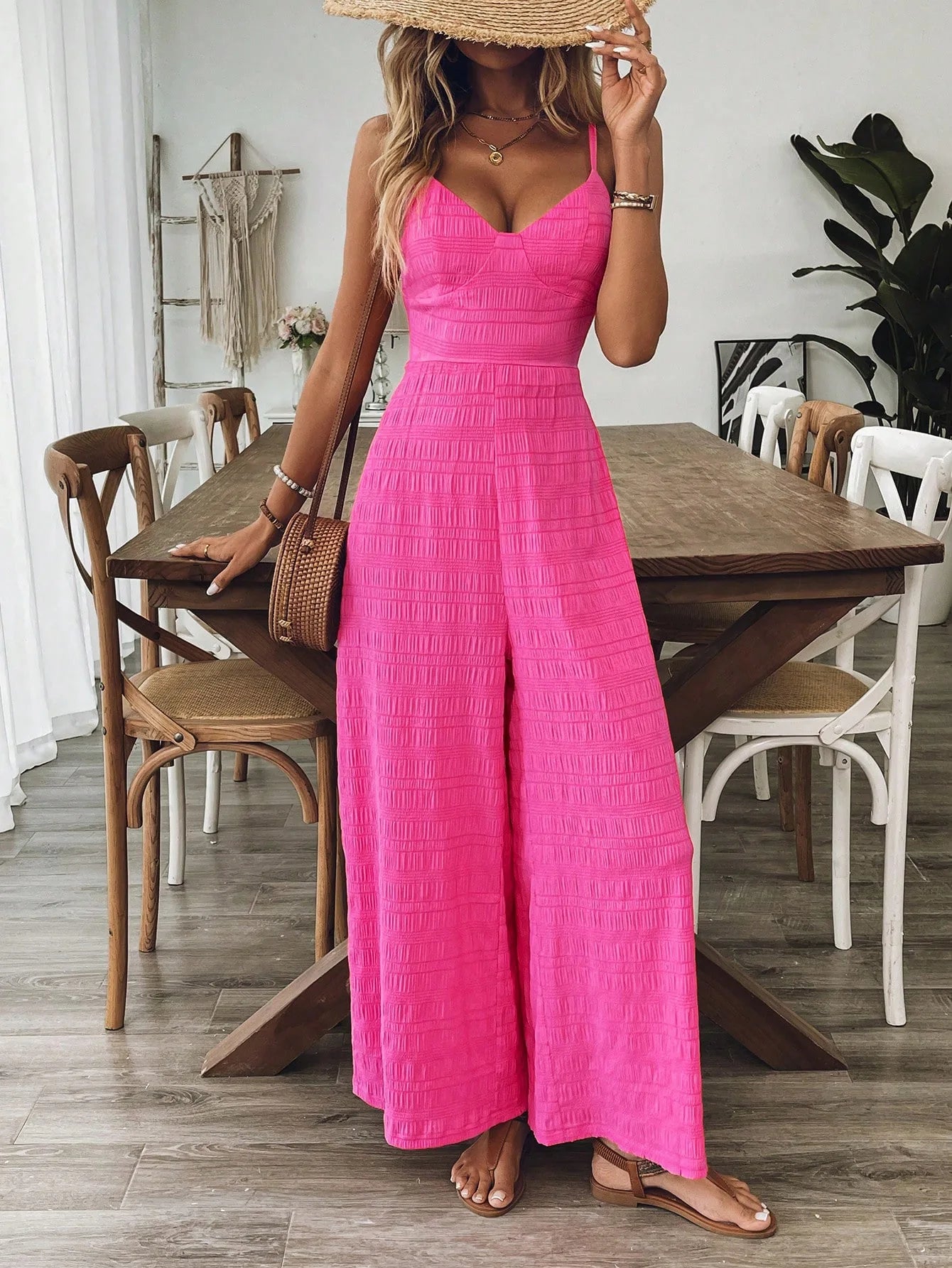 Women's Jumpsuits  Rose Red Sexy Backless Strap Wide-foot Jumpsuits