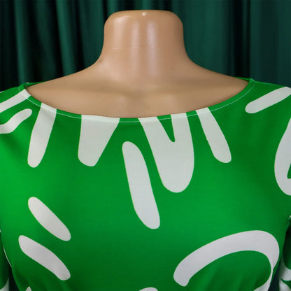 Printed Belted Dress Elegant  Knee-Length Round Neck Short Sleeve Dress