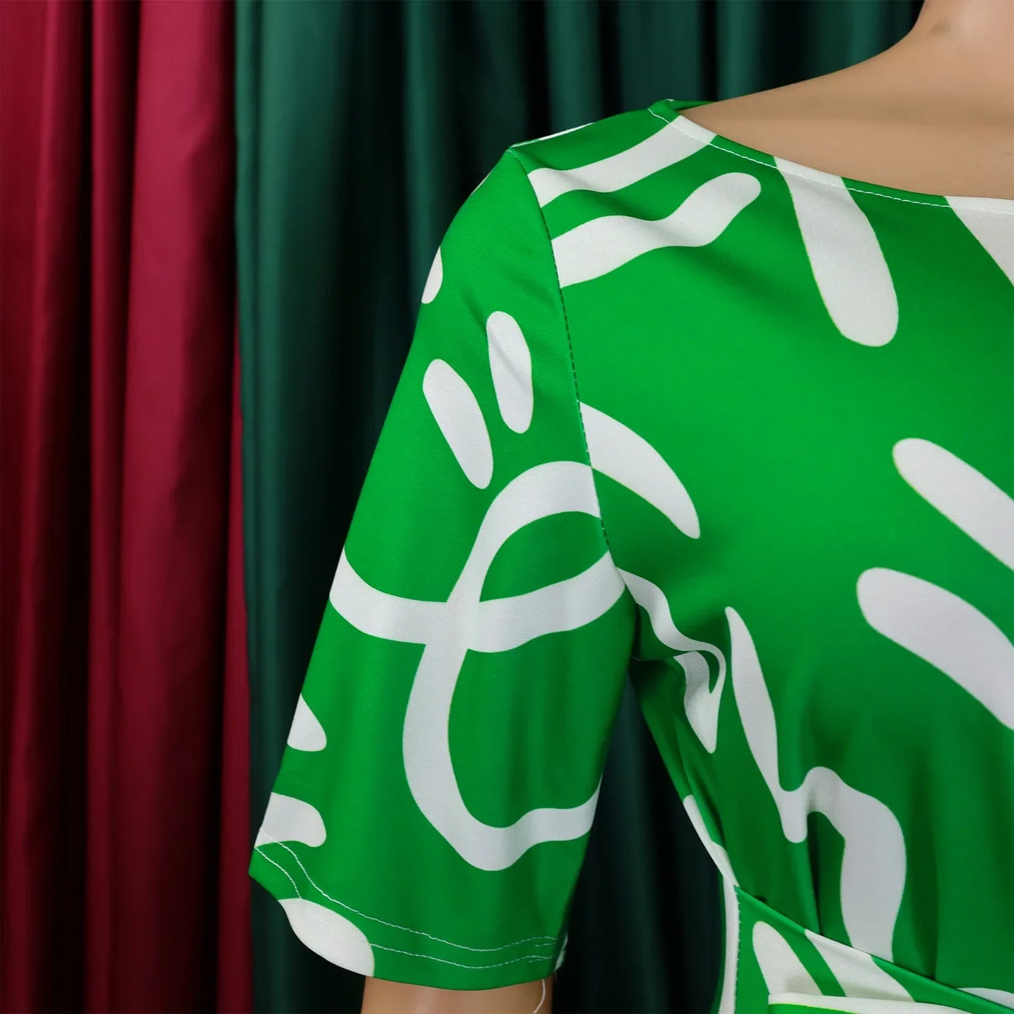 Printed Belted Dress Elegant  Knee-Length Round Neck Short Sleeve Dress