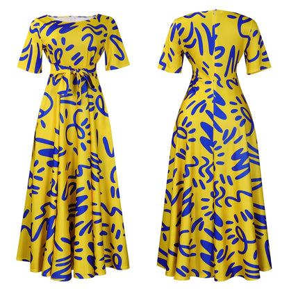 Printed Belted Dress Elegant  Knee-Length Round Neck Short Sleeve Dress