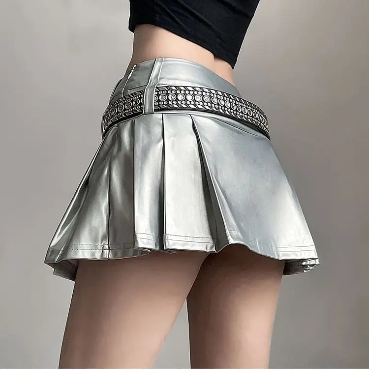 Hip-hop Pleated PU Leather Pleated Skirt