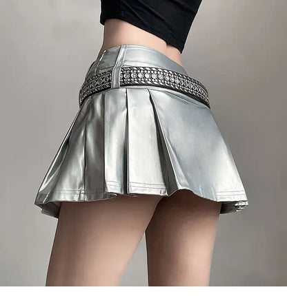 Hip-hop Pleated PU Leather Pleated Skirt
