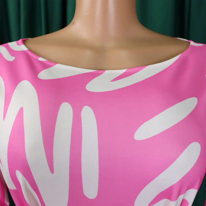 Printed Belted Dress Elegant  Knee-Length Round Neck Short Sleeve Dress