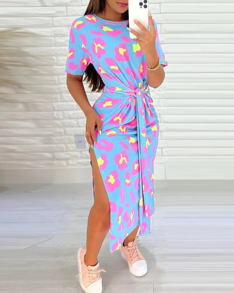 White Leopard Print Dress Tied Detail Slit Side Split Dress