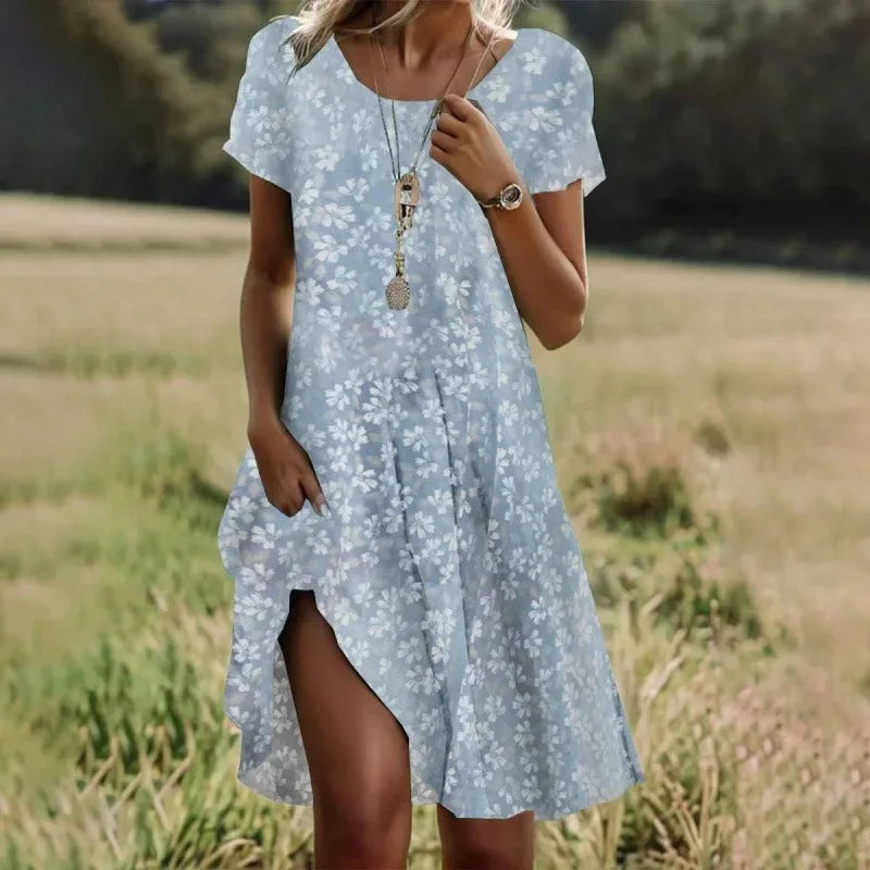 Artistic Ethnic Style Round Neck Medium-Length Dress Summer