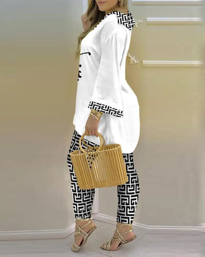 2024 Suit Summer Long Sleeve V-neck Polyester Printing Two Pieces Sets Top and Long Pant Clothes Women - Trendy Attic Store01