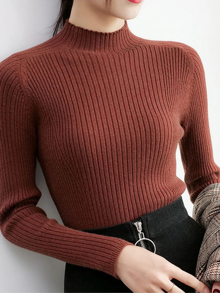 Pullover Mock Neck Long Sleeve Slim Sweater
