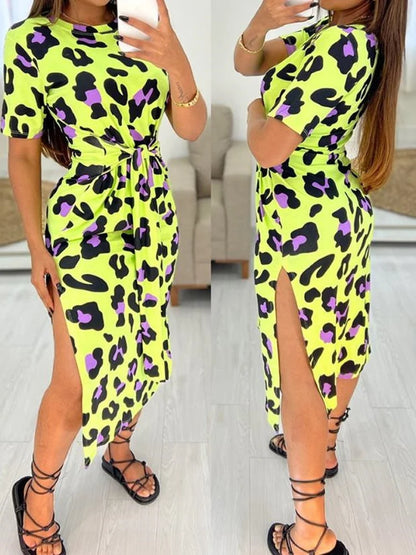 White Leopard Print Dress Tied Detail Slit Side Split Dress