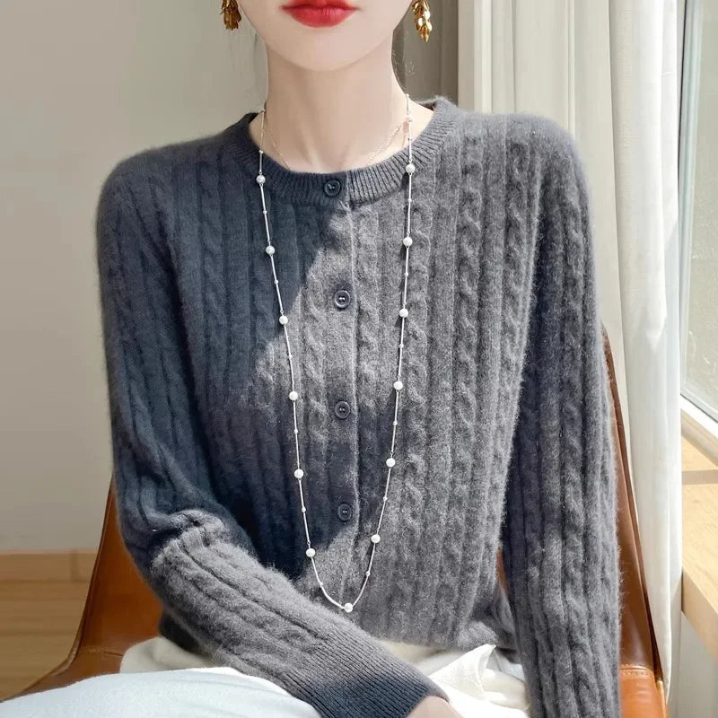 Long Sleeve Knitted O-neck Basic Thick Warm Cardigan