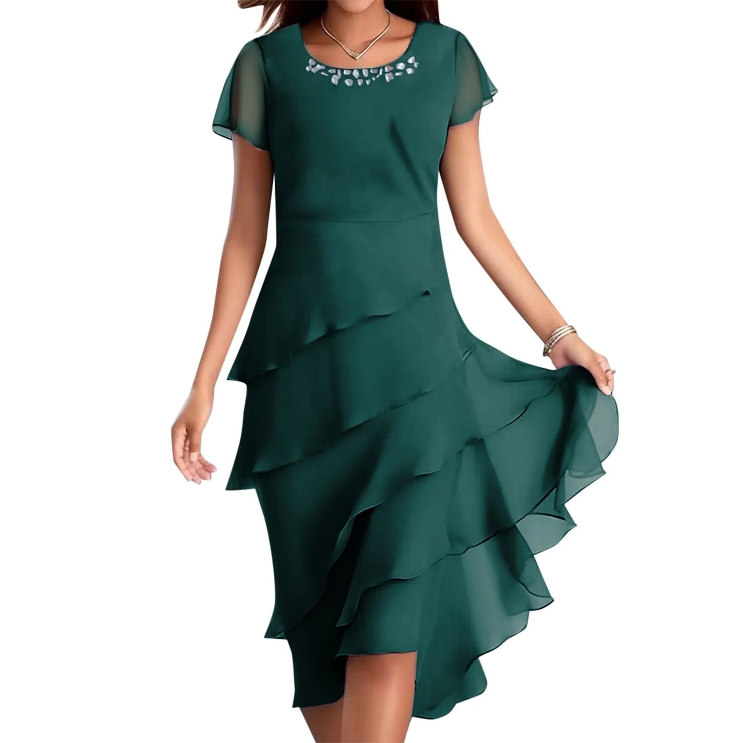 Plus Size Short Sleeve Round Neck Chiffon Paneled Dresses
