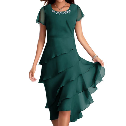 Plus Size Short Sleeve Round Neck Chiffon Paneled Dresses