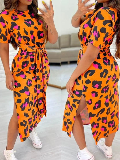 White Leopard Print Dress Tied Detail Slit Side Split Dress