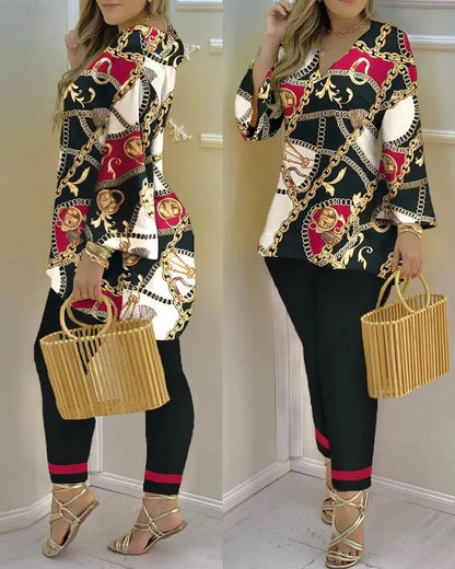 2024 Suit Summer Long Sleeve V-neck Polyester Printing Two Pieces Sets Top and Long Pant Clothes Women - Trendy Attic Store01