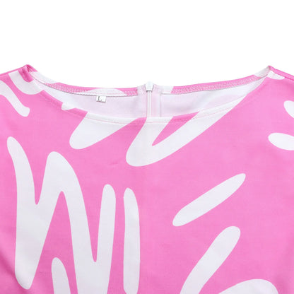 Printed Belted Dress Elegant  Knee-Length Round Neck Short Sleeve Dress