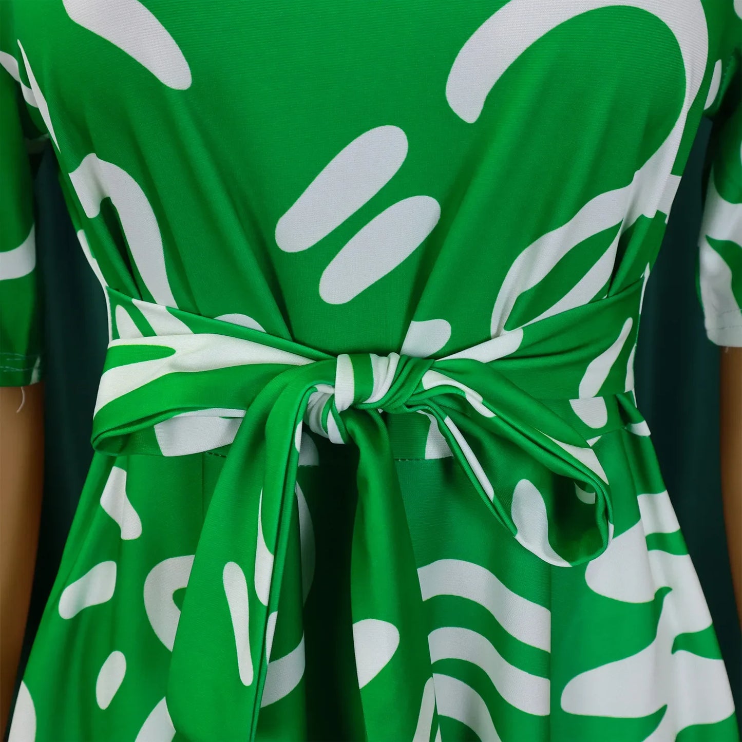 Printed Belted Dress Elegant  Knee-Length Round Neck Short Sleeve Dress