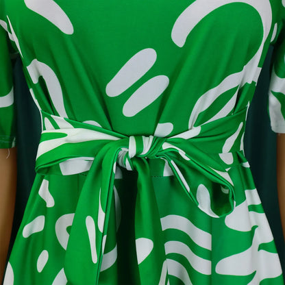 Printed Belted Dress Elegant  Knee-Length Round Neck Short Sleeve Dress