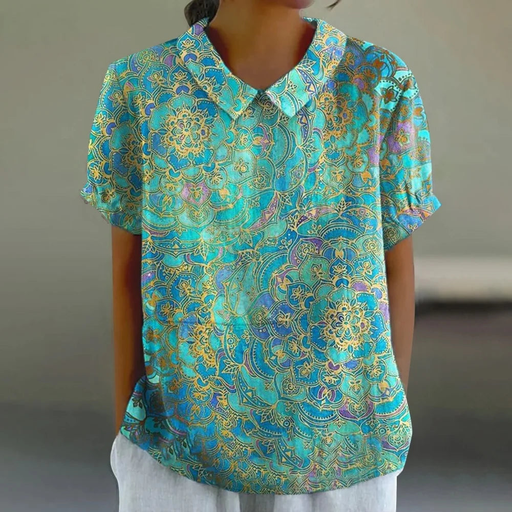Printed  Puff Sleeve Peter Pan Collar Shirts Blouses