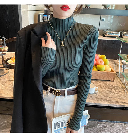 Pullover Long Sleeve Mock Neck Knitted Women Sweater