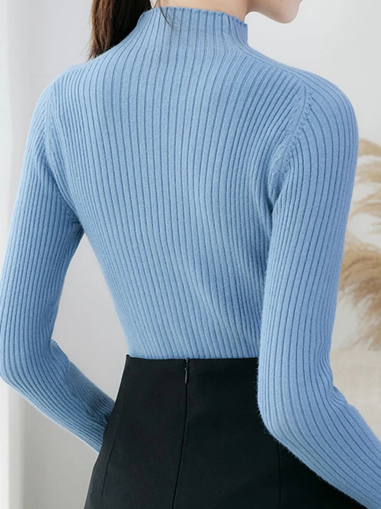 Pullover Mock Neck Long Sleeve Slim Sweater
