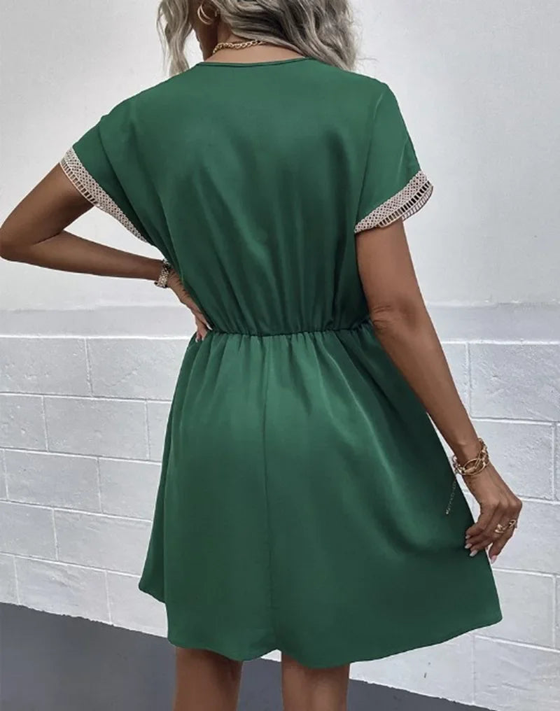 Short Sleeve V-neck Ruffle Waist Cross-border  Elastic Waist Dress