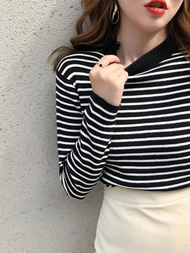 Mock Neck Pullover Long Sleeve Casual Striped Knitted Sweaters
