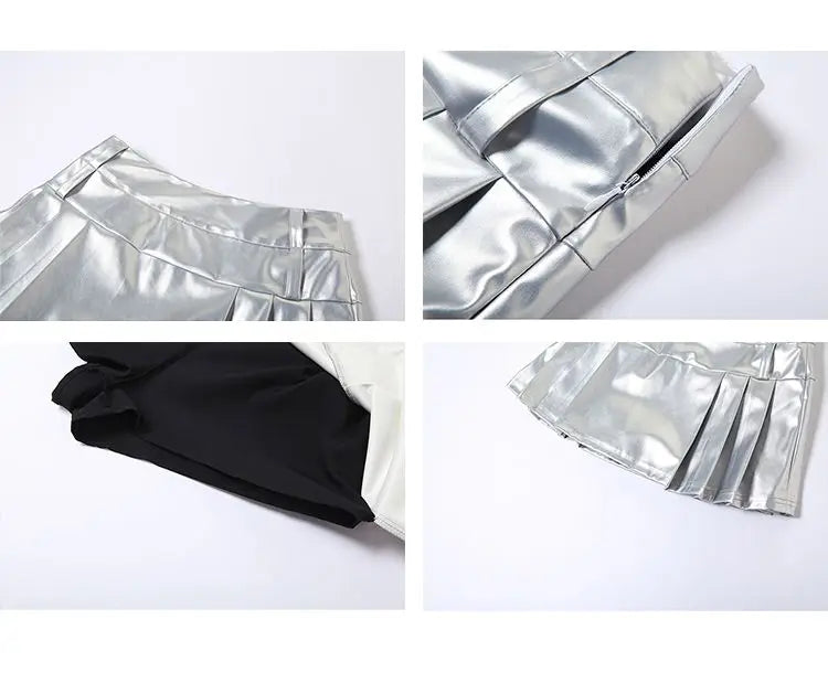 Hip-hop Pleated PU Leather Pleated Skirt