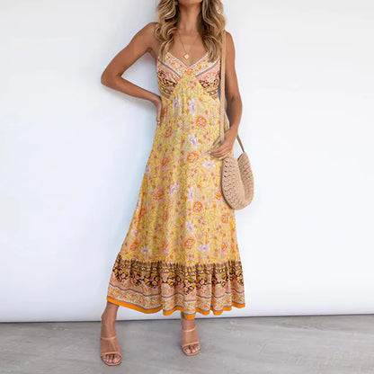 Damen lässiges Boho Blumen V-Ausschnitt Sommerkleid
