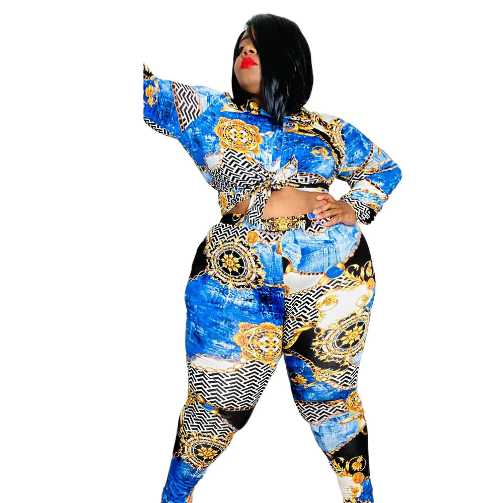 Plus Size Spring Women's Printed Shirt and Pants Set