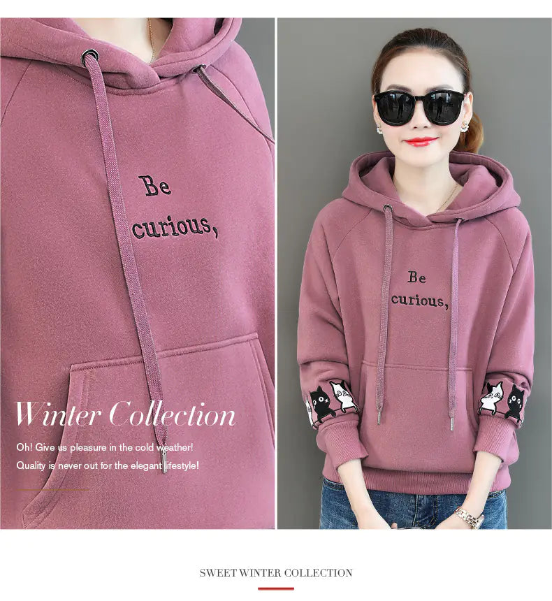 Fleece-Lined Thick Hooded Sweatshirt for Women
