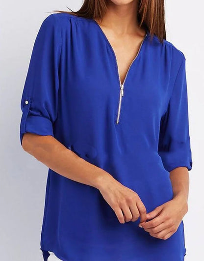 Plus Size V-Neck Long Sleeve Zip Chiffon Shirt