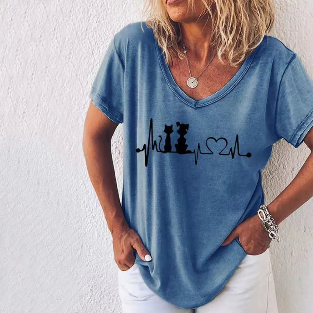 Sommerliches Damen-V-Ausschnitt-T-Shirt mit 3D-Druck