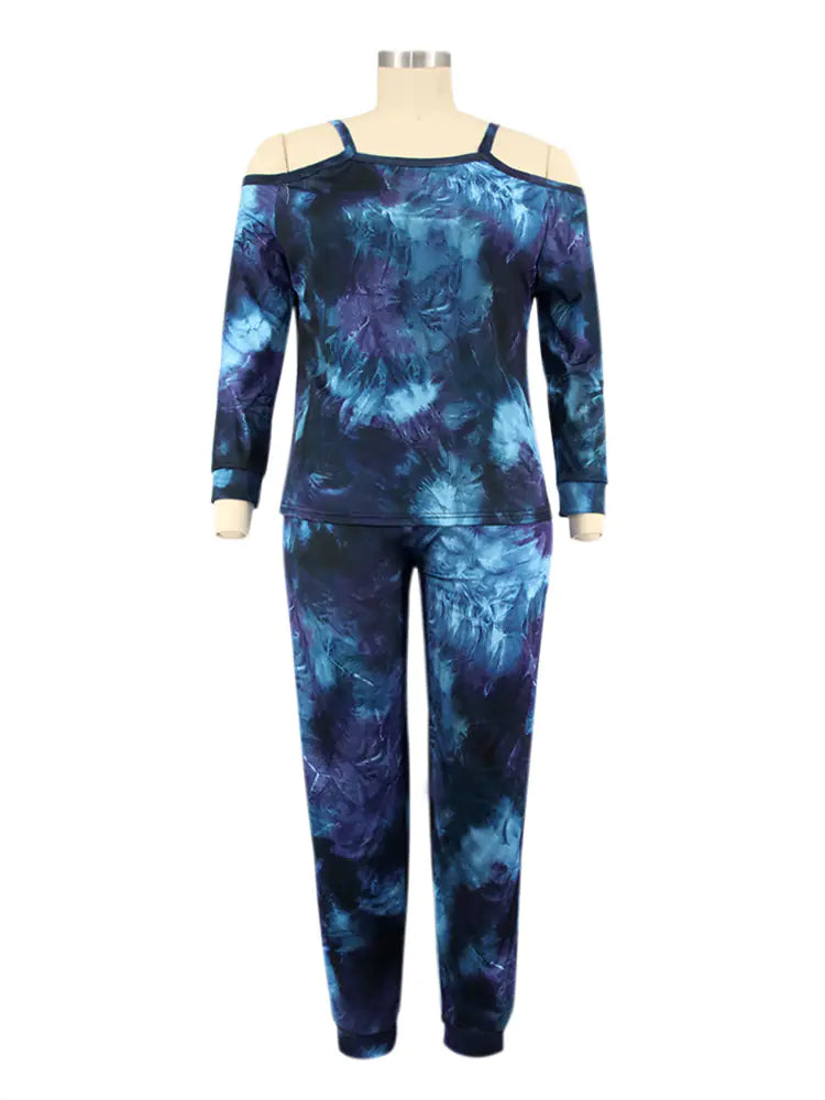 Plus Size Women's Off Shoulder Tie Dye Casual Suit